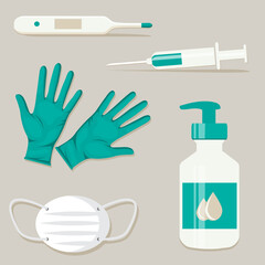 Virus prevention medical kit. Electronic thermometer, medical gloves, antiseptic, medical mask, syringe