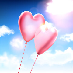 Fototapeta na wymiar 3d pink hearts balloon couple on blue sky with clouds background. Valentine's day.
