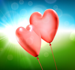 3d pink hearts balloon couple on blue sky and green meadow background. Valentine's day.