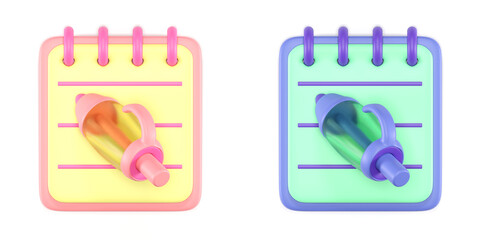 3D image of a set of isolated illustrations with a lined notepad and a ballpoint pen on a white background