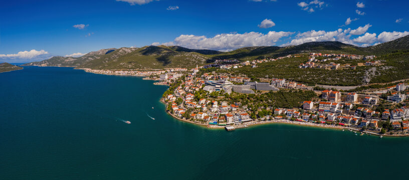 Panoramic view of NEUM, BOSNIA AND HERZEGOVINA, a seaside resort on the Adriatic Sea, is the only coastal access in Bosnia and Herzegovina. September 2020
