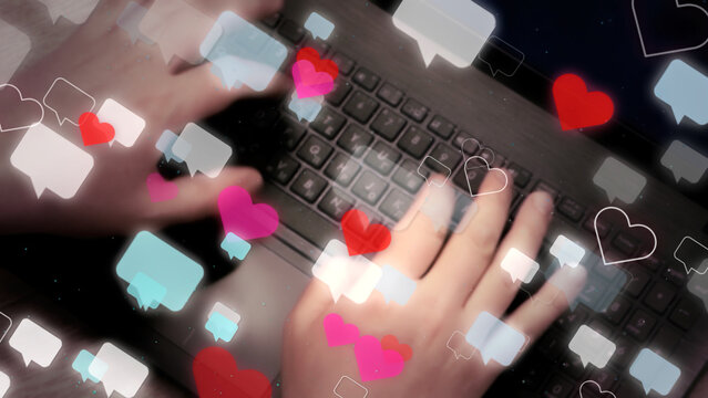 Online dating concept. Blurred man hands typing messages on laptop keyboard. Lot of speech bubbles and hearts fly away. Valentines day romantic wallpaper. Chat background, 3d rendering.