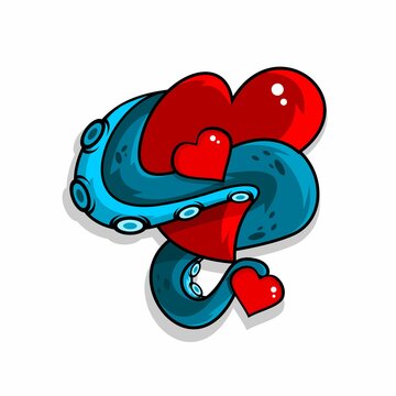 vector illustration of an octopus wrapped around a love sign, cartoon vector