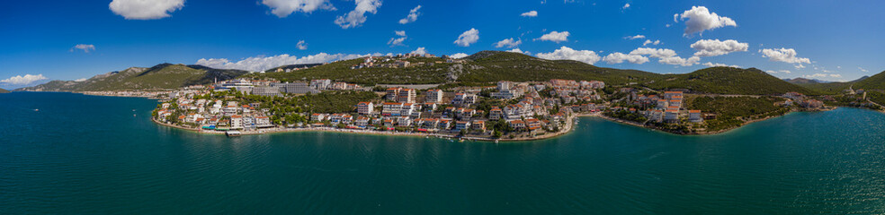 Fototapeta na wymiar Panoramic view of NEUM, BOSNIA AND HERZEGOVINA, a seaside resort on the Adriatic Sea, is the only coastal access in Bosnia and Herzegovina. September 2020