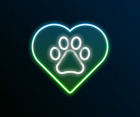 Glowing neon line Heart with animals footprint icon isolated on black background. Pet paw in heart. Love to the animals. Colorful outline concept. Vector