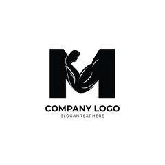 Letter M Logo With barbell bicep. Fitness Gym logo. Love fitness logo template. fitness vector logo design for gym and fitness