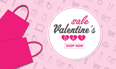 Banner discounts on valentine's day. Background with shopping icons