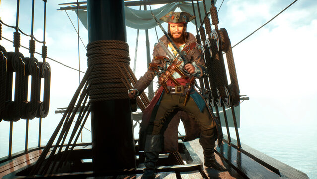 A Jolly Pirate On A Ship During A Storm Trains With His Saber. 3D Computer Graphics. 3D Rendering. A Pirate On His Warship. 3D Rendering