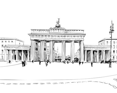 Germany. Berlin. Brandenburg Gate. Old building hand drawn sketch. Unusual perspective. City vector illustration