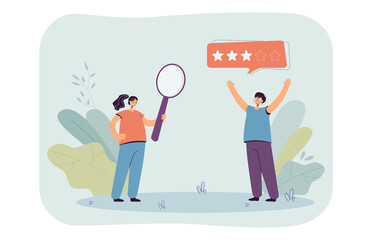 Manager examining customer reviews of product or service. Person with magnifying glass and happy client flat vector illustration. Satisfaction rating, communication concept for banner, website design