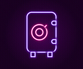 Glowing neon line Safe icon isolated on black background. The door safe a bank vault with a combination lock. Reliable Data Protection. Colorful outline concept. Vector