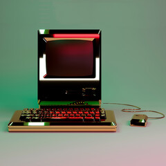 Retro Futuristic Luxury Desktop Computer with Floppy Drive, Keyboard and Mouse in Studio Lighting. 3D Rendering of Vintage PC with Empty Screen.