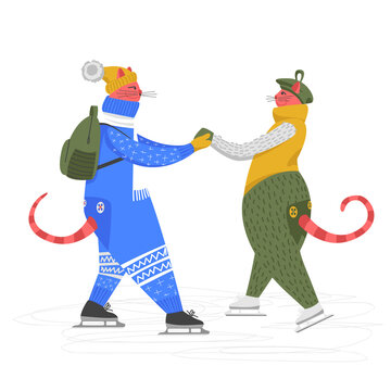 skating. vector image of a couple in winter clothes. funny cats. creative illustration