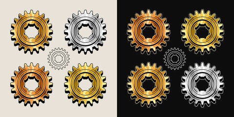 Gold, brass, copper, steel polished gears in vintage style. Base shape of gears with editable strokes. Good for decoration in steampunk style. Vector.