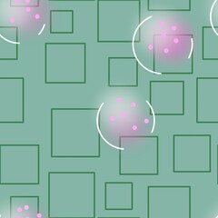 Seamless pattern of green squares and transparent pink balls on a light green background for textiles.