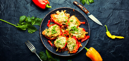 Roasted bell peppers stuffed with rice and meat
