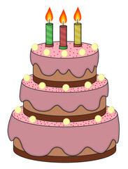 Cartoon style pink glaze birthday cake with 3 candles. Vector illustration clip art isolated on white background. 