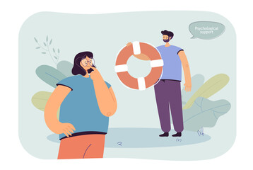 Therapist or friend holding lifebuoy as symbol of help. Woman thinking of therapy flat vector illustration. Psychology, support, mental health concept for banner, website design or landing web page