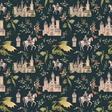 Medieval seamless pattern with castle, dragons, knights and floral elements. Fantasy ornament for print, fabric, paper, cover, web.