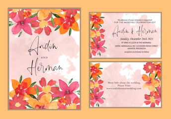 Orange and red floral frame watercolor wedding invitation template card Premium Vector