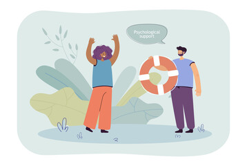 Woman getting psychological support from friend with life ring. Man helping woman cope with problems, stress. Mental health, depression concept for banner, website design or landing web page