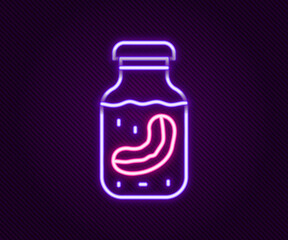 Glowing neon line Sea cucumber in jar icon isolated on black background. Marine food. Colorful outline concept. Vector