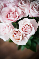 flower wall. background of flowers. large buds of pink roses in an expensive bouquet. close-up of a bouquet of huge pink roses on a light background