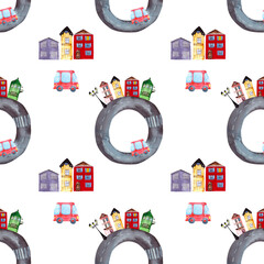 Seamless pattern with a circular road, houses, cars and a street lamp. Watercolor drawing, hand-painted for children's backgrounds, textiles, wallpaper, packaging and bed linen.