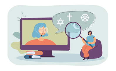 Tiny woman with magnifier watching video or webinar on religion. Huge computer screen with female person and religious symbols flat vector illustration. Online education, religion concept for banner