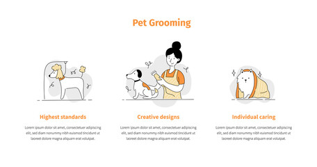 Fototapeta na wymiar Pet grooming salon icon set for mobile app, site template. Cute dog beauty grooming salon, wash, care hair of pet. Doodle line style animal and character. Vector illustration.