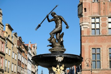 Old Town and Neptune's Fountain in beautiful summer scenery, Gdansk, Poland