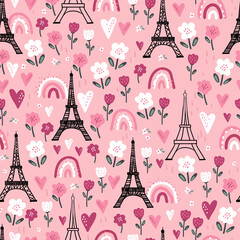 Fototapeta na wymiar Romantic hand drawn Eiffel Tower seamless pattern, great Valentine's Day background with doodle hearts and flowers, great for textiles, banners, wallpapers, wrapping - vector design