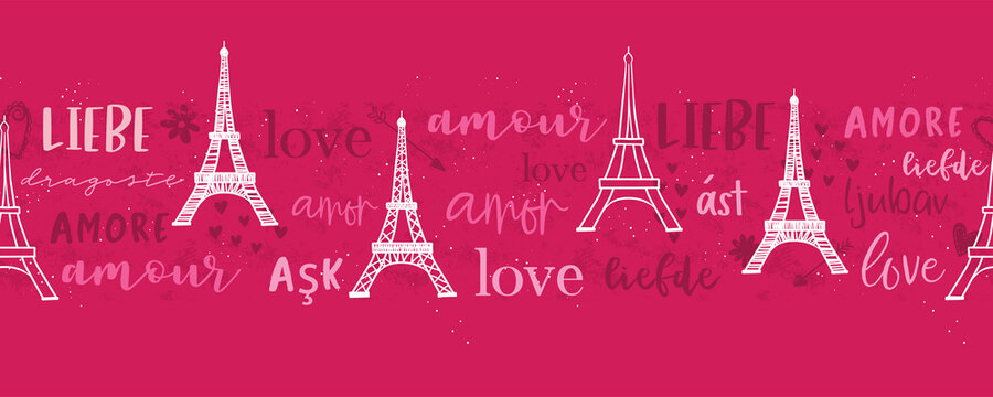 Romantic hand drawn Eiffel Tower seamless pattern, great Valentine's Day background with the word 'love' in different languages, great for textiles, banners, wallpapers, wrapping - vector design