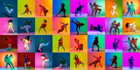 Deurstickers Collage with break dance or hip hop dancers dancing isolated over multicolored background in neon. Youth culture, movement, music, fashion, action. © master1305