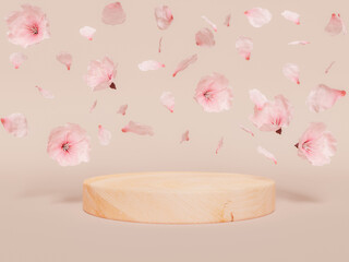 wooden cylinder for product display with falling cherry blossoms