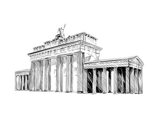Germany. Berlin. Brandenburg Gate. Old building hand drawn sketch. Unusual perspective. City vector illustration - obrazy, fototapety, plakaty