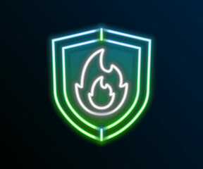 Glowing neon line Fire protection shield icon isolated on black background. Insurance concept. Security, safety, protection, protect concept. Colorful outline concept. Vector