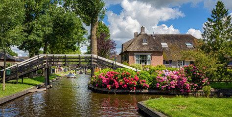 Panoramic view of Giethoorn water village, Netherlands - 484402318