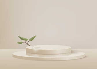 3d background products display podium scene with palm leaf geometric forms. background vector 3d render with podium. stand show cosmetic product. 3d stage showcase on pedestal geometric display beige