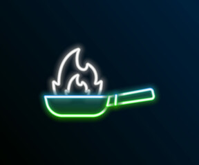 Glowing neon line Pan with fire icon isolated on black background. Colorful outline concept. Vector