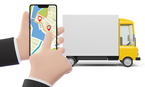 Hands holding a cell phone showing a navigation map with the delivery truck - 3D illustration