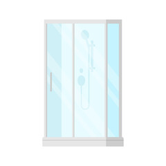 Modern shower cabin for daily hygiene procedure isometric vector illustration. Acrylic bath with closed door and sanitary plumbing for care washing isolated. Contemporary bathroom furniture for clean
