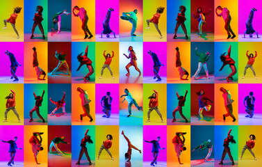 Collage with break dance or hip hop dancers dancing isolated over multicolored background in neon....