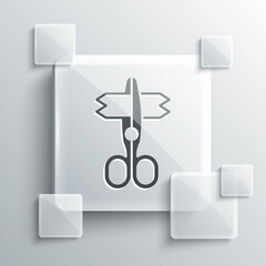 Grey Scissors icon isolated on grey background. Tailor symbol. Cutting tool sign. Square glass panels. Vector