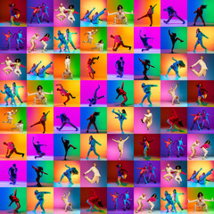 Collage with break dance or hip hop dancers dancing isolated over multicolored background in neon....