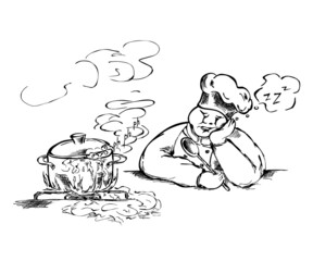 The chef cook fell asleep. Pot in which food is cooked, the food from the pot overflows. The kitchen is full of steam.  Cartoon picture with humor  - 484403961
