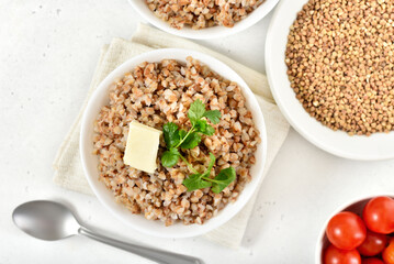 Buckwheat porridge in white bowl
