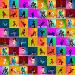 Obraz na płótnie Canvas Collage with break dance or hip hop dancers dancing isolated over multicolored background in neon. Youth culture, movement, music, fashion, action.