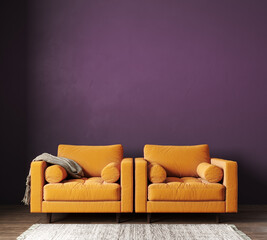 Interior with two orange colored armchairs and empty purple wall background 3D Rendering, 3D Illustration 