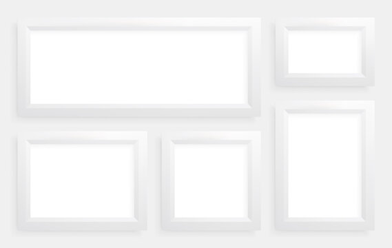 Realistic white pictures or photo frames with shadow. Vector horizontal and vertical frame mockup.
